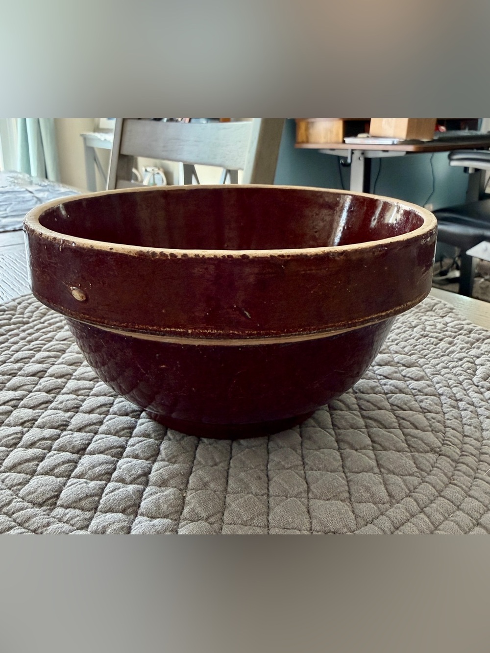 Vintage Glazed Stoneware Bowl in Dark Brown 7”